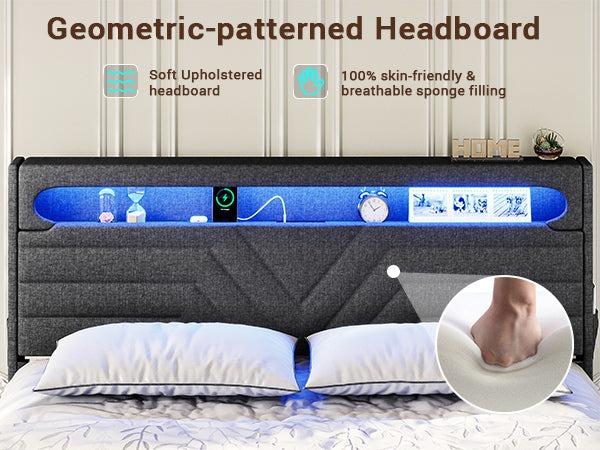 Sikaic LED Bed Frame with Charging Station Remote Control Storage Headboard Sturdy Wooden Slats Black