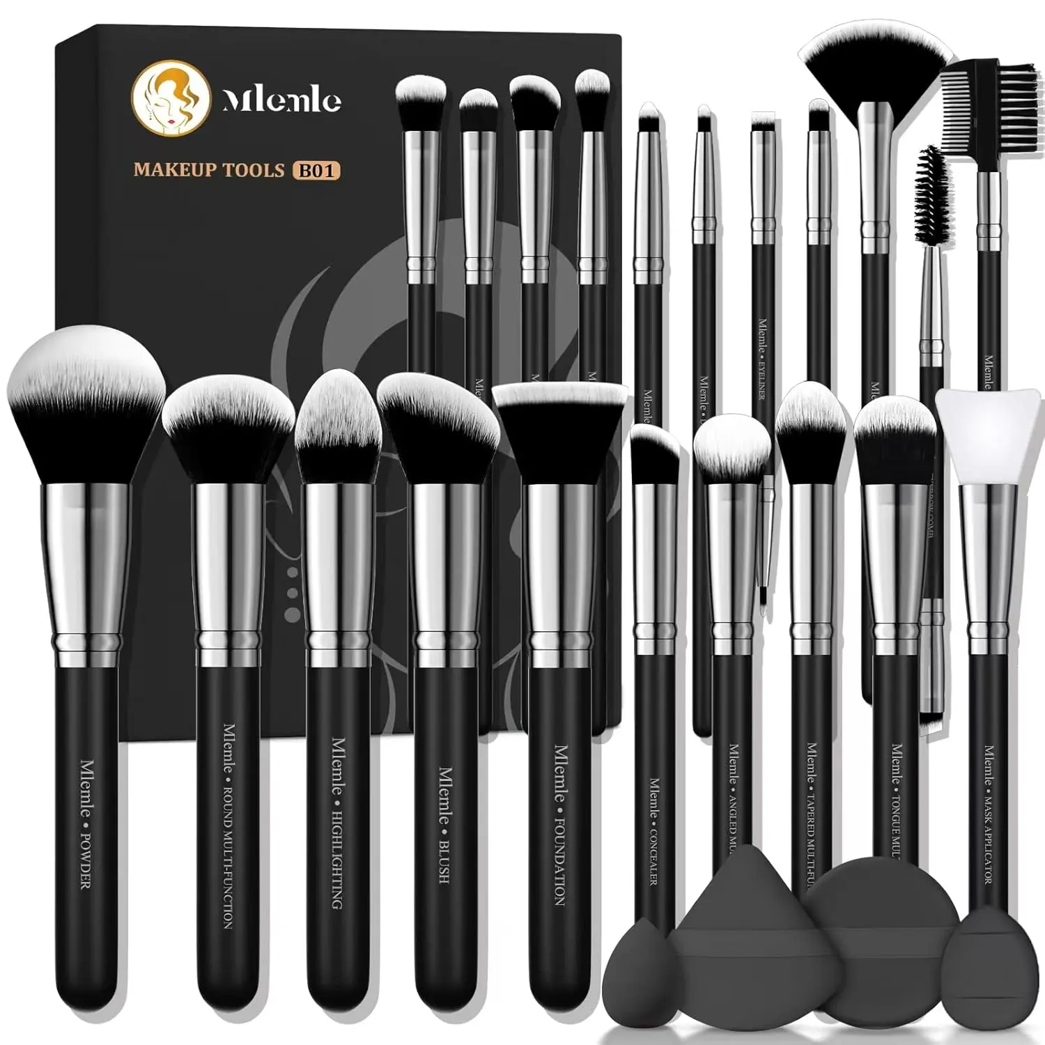 Mlemle Professional 25-Piece Beauty Tool Set (B01-Black) - 21 Brushes, 2 Powder Puffs, 2 Sponges for Foundation, Powder, Blush, Concealer, Eyeshadow Application