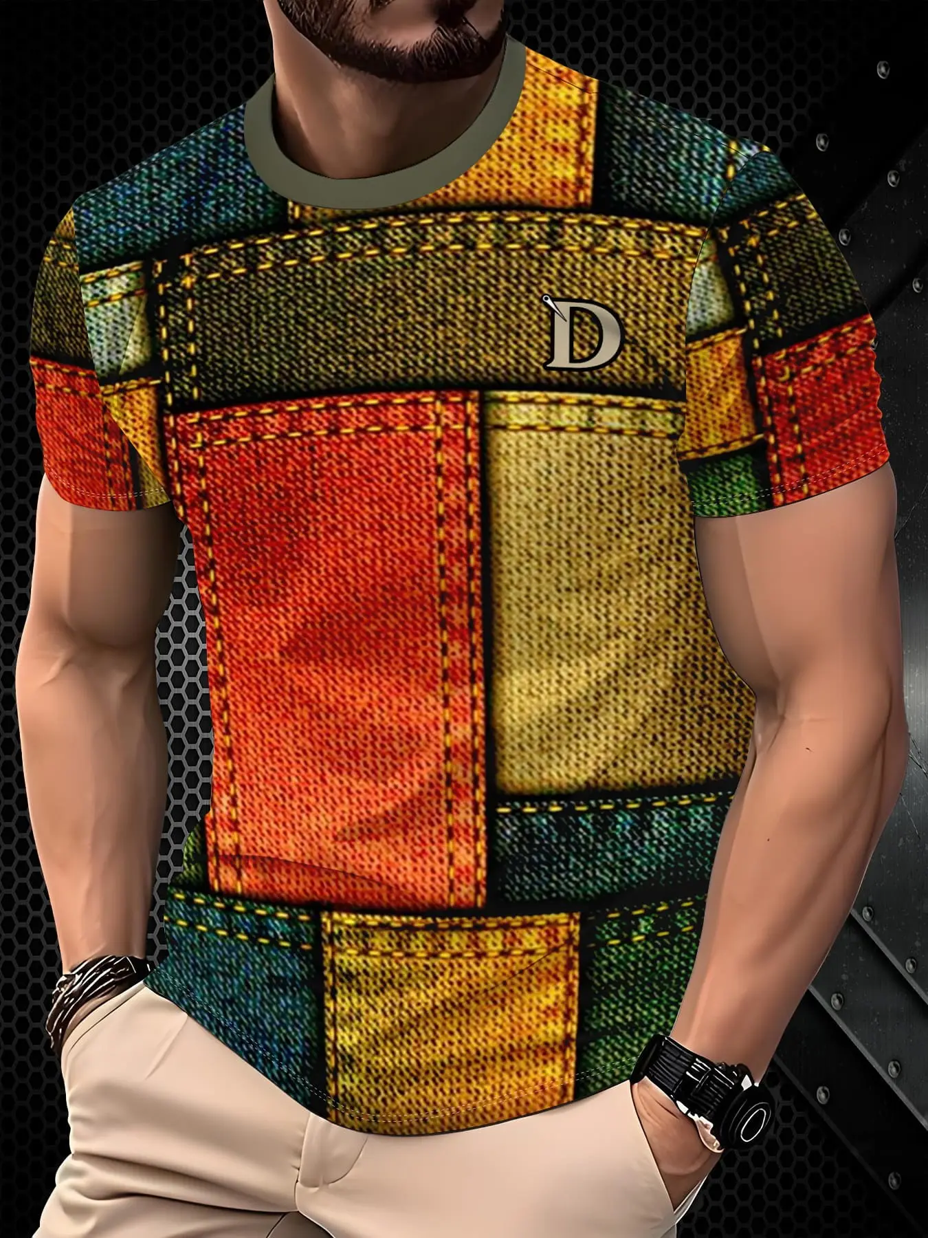 Men's Colorblock Patchwork Baggy Short Sleeve T-Shirt, Multicolor Geometric Graphic Pattern Casual Top, Fashion Trendy Men's Clothing Streetwear
