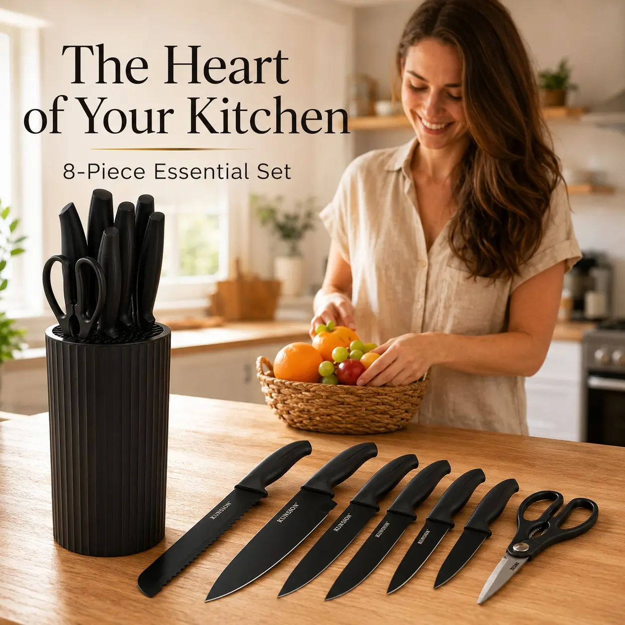 Professional 8 Kitchen Knife Set, Chef's Knife, Slicing Knife, Scraper And Scissors, High Carbon Stainless Steel Super Sharp, with Anti-stick Ergonomic Wooden Handle, Chef's Knife Set, Suitable for Family Travel
