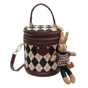 Fairytown Women Crossbody Bag Valentine's Day Gift Faux Leather Bucket Bag With Bunny Doll Pendant Shoulder Bag Chic Mini Purse Hobo Handbag Tote Bag As Valentine's Day Gift Vintage Lattice Cute