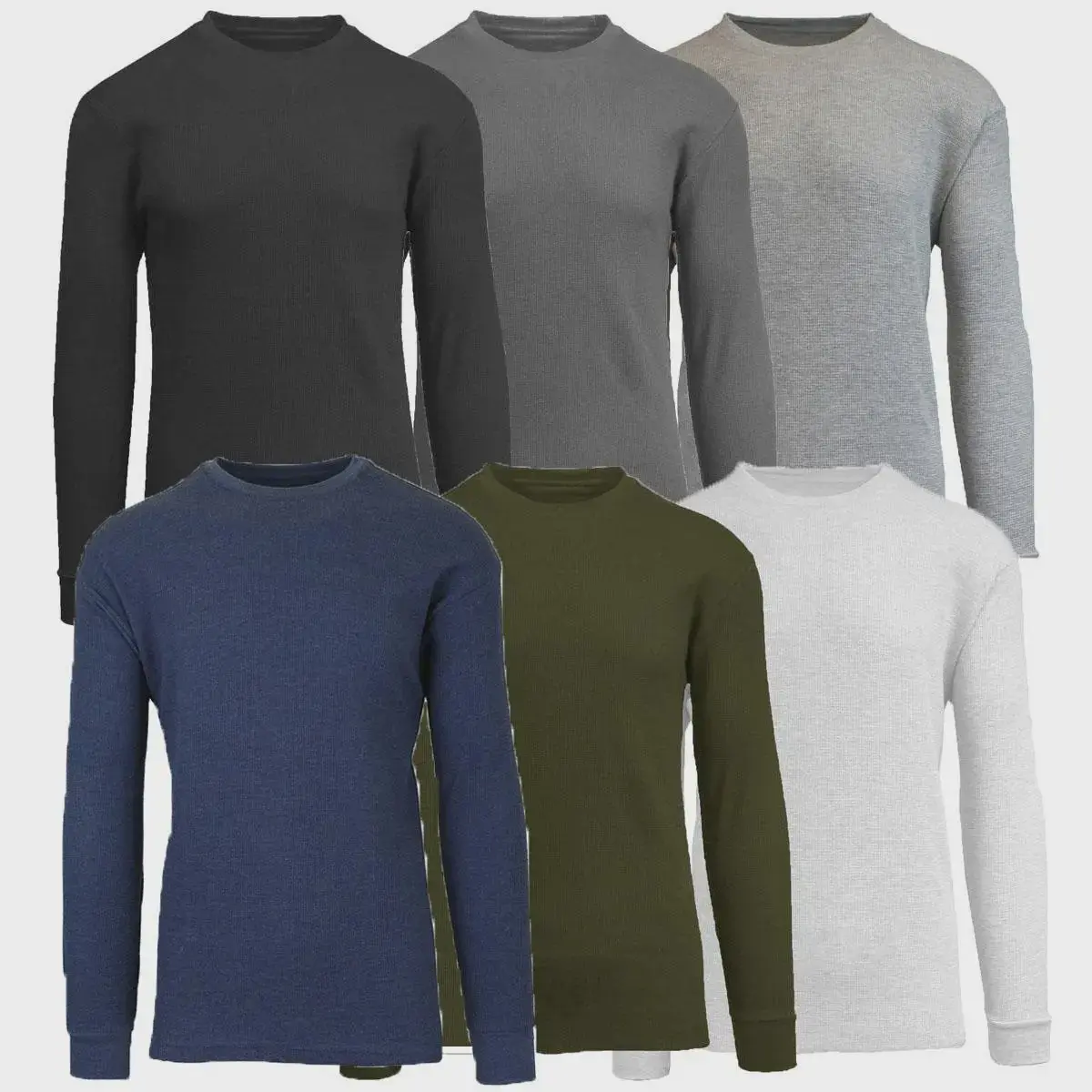 Men's Waffle-Knit Thermal Shirts, 5-Pack Long Sleeve Base Layer with Mixed Crew and Henley Styles, Menswear, Crew Neck, Plain, Black-Charcoal-White-Navy-Olive