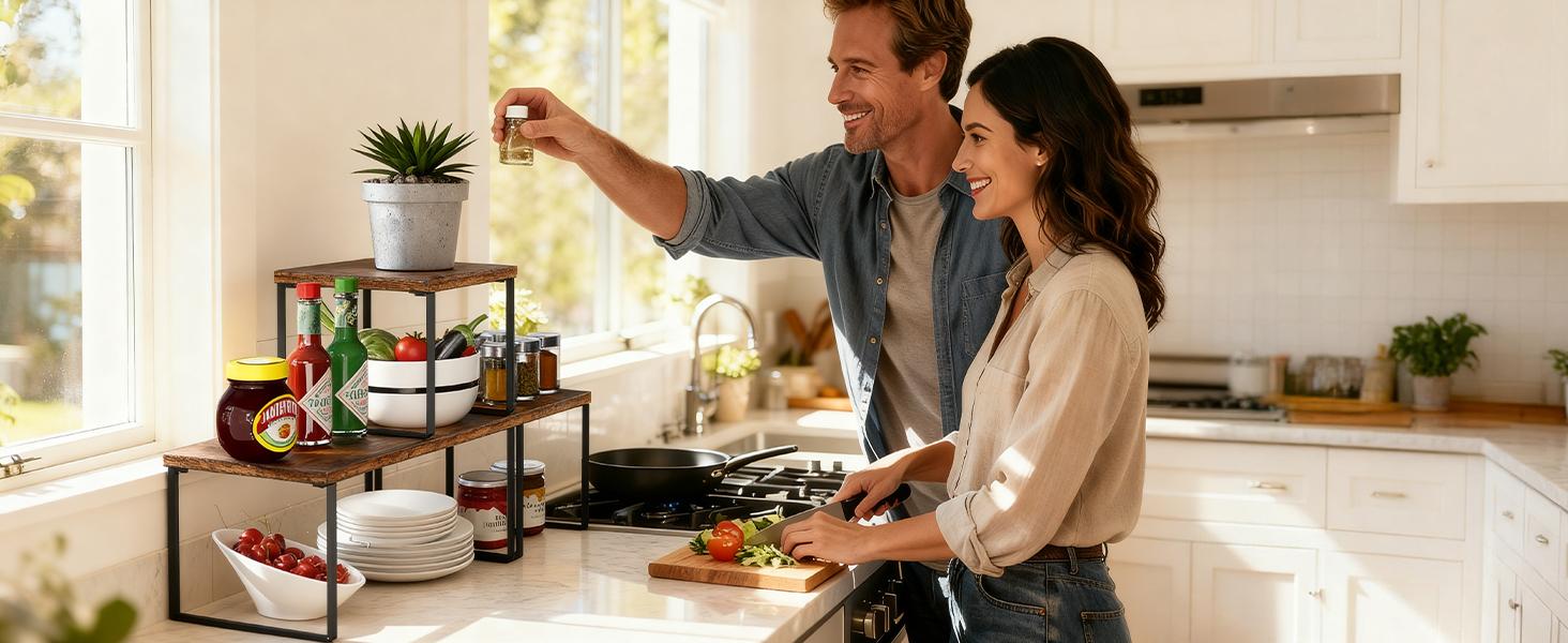 Golener Countertop Organizer Corner Shelf, 2 Tier Adjustable Stackable Corner Shelves for Kitchen, Bathroom, Spice Rack, Coffee Area, Cabinet, Dresser Table, Corner Counter Shelf Stand, Rustic Brown