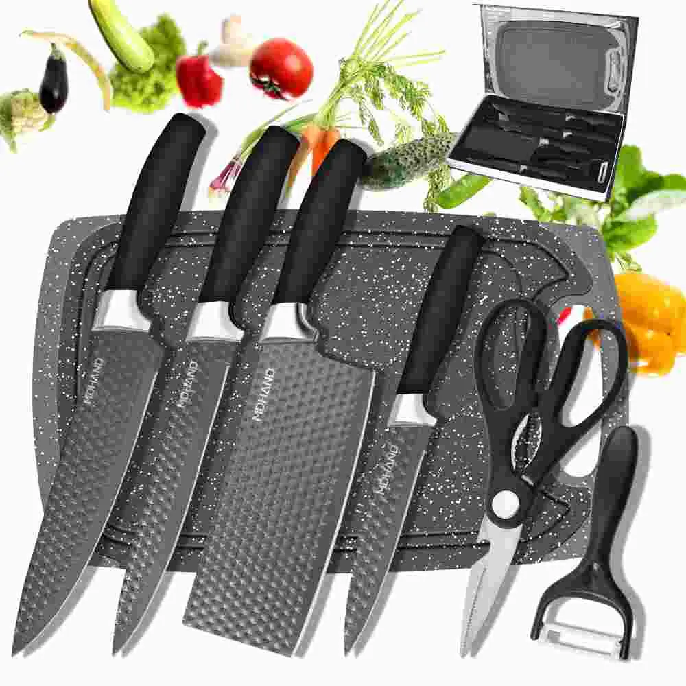 7-Piece Kitchen Knife Block Set with Non-Stick Hollow Pattern Stainless Steel Knives, Chopping Board, Scissors, Peeler – Home Cooking Tool Kit in Gift Box