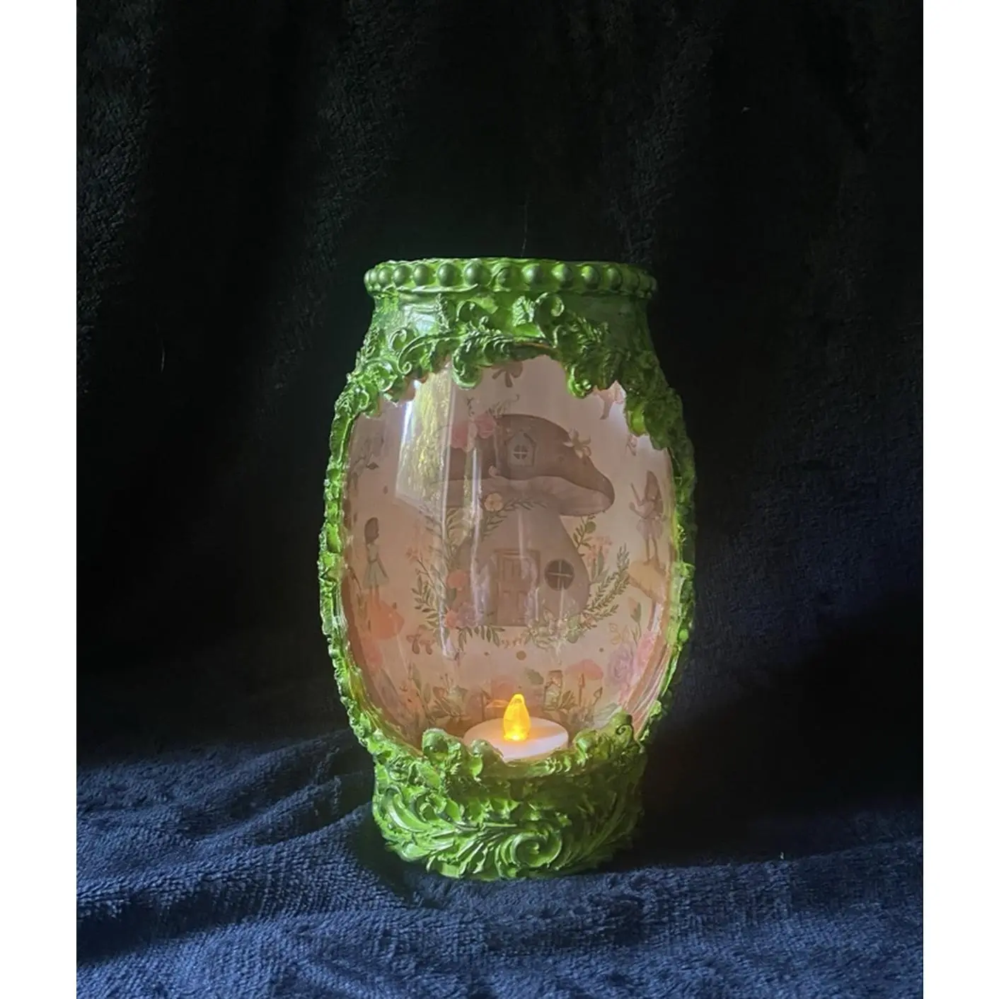 Handcrafted Glass Fairy and Mushroom Lantern 7 Inches Tall 5 Inches Wide with LED Tea Light Candle