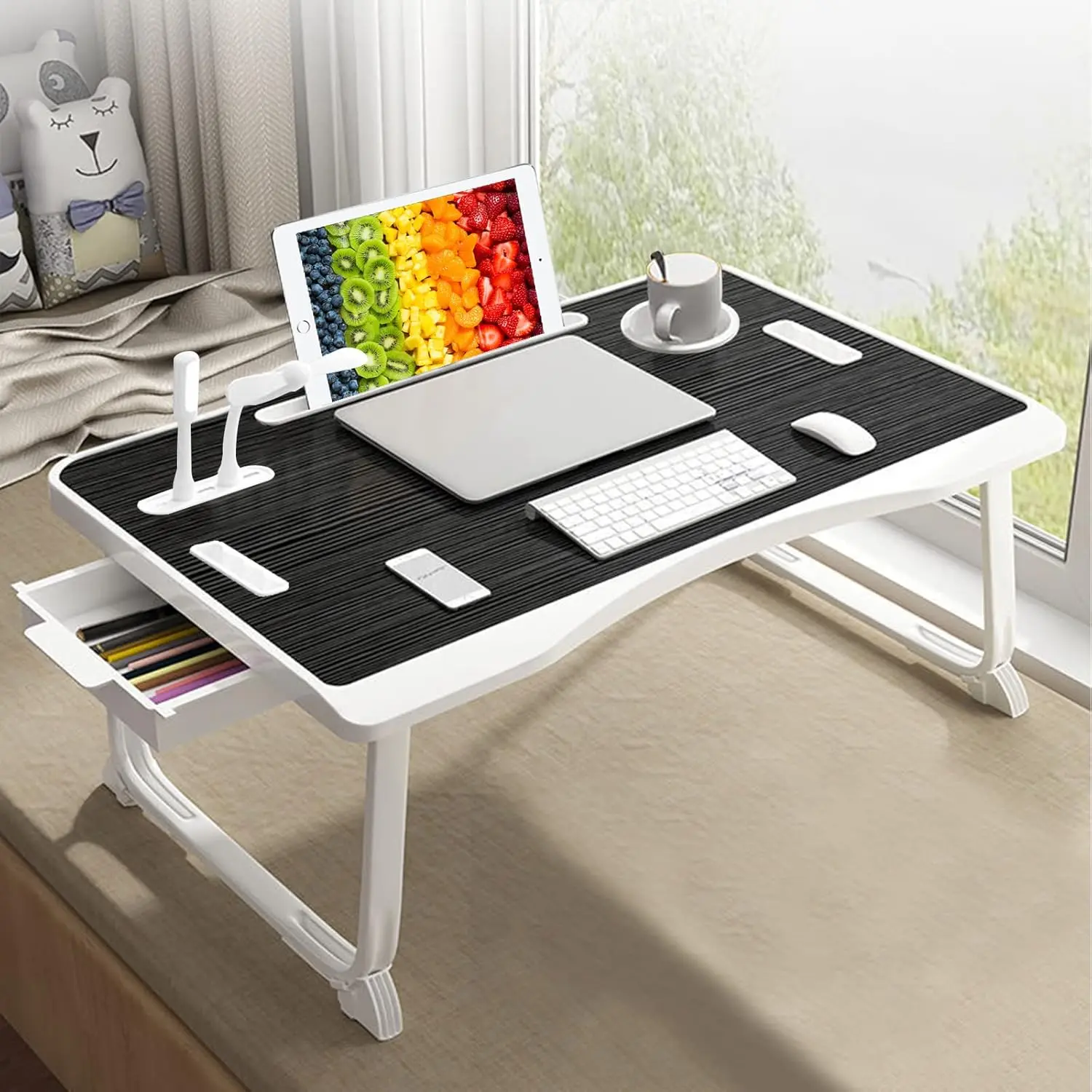 CSYY Modern Foldable Laptop Bed Table with 4 USB Ports, Handle, Card Slot, Cup Holder, Side Drawer, Portable Desk for Bed, Reading, Working, and Eating, 23.6x16.5x11.8 inches, Black