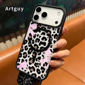 Magnetic Phone Case for iPhone 17 Pro Max 16 Plus 15 14 13 12 11 Air E Leopard Bow Delight Pattern Acrylic Back Shockproof Ultra Thin Mobile Phone Cover Gift for boy girl
