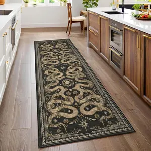 Anti Slip Runner Rug - Dark Grey Vintage Farmhouse Style Polyester Floor Protector, Easy Clean Geometric Embellished Low-Pile Thin Carpet with Rubber Back for Hallways, Kitchen, Bedroom, Anti Slip Runners, Easy Clean Runners