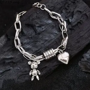 Cute Bear Charm Bracelet for Women, 925 Sterling Silver Shiny Crystal Dainty Jewelry, Adjustable Animal Bracelet Aesthetic Gift for Girlfriend Birthday Everyday Wear,summerwins