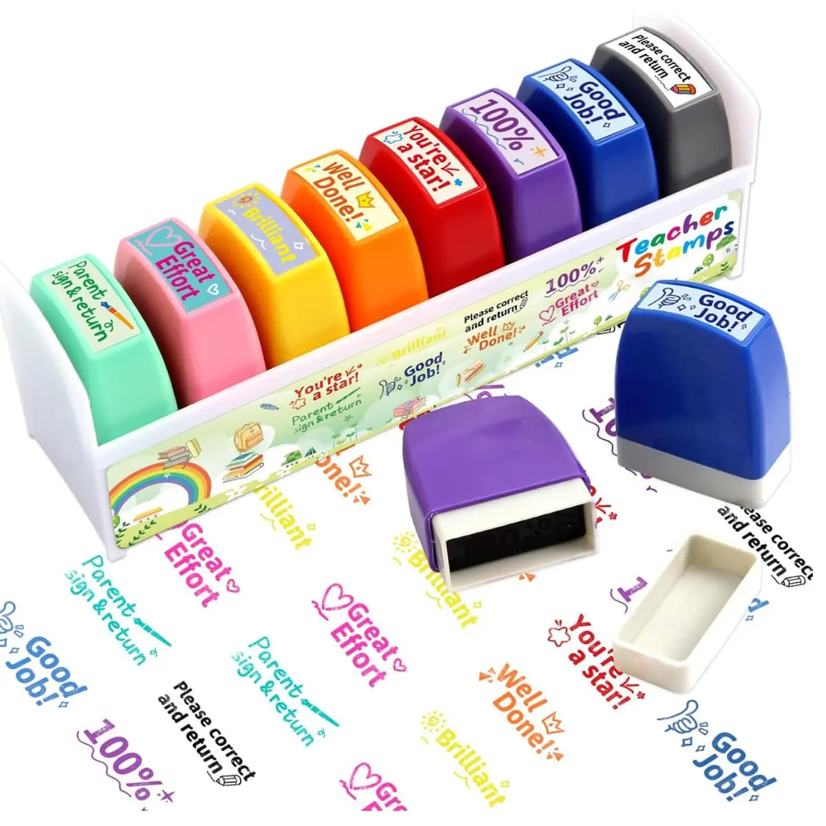 8 Pack Teacher Stamps for Grading – Self-Inking Motivational Classroom Encouragement & Signature Stamp Set (Multicolor)