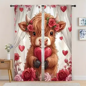 Valentine's Day A pattern of a calf holding love in its arms Print Curtains, Half-Transparent Polyester, Fade Resistant, Hand Washable, Suitable for Bedroom & Living Room Decor, Window Curtain