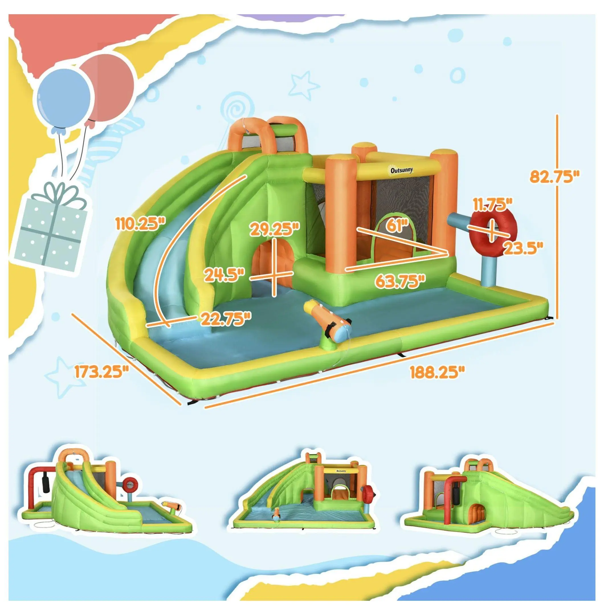 7-in-1 Inflatable Water Slide with Bounce House, Trampoline, Pool, Water Cannon, Ball Target, Boxing Post & Tunnel - 750W Blower Included Multi Color