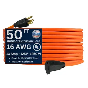 US Wire and Cable 16/3 Orange Light-Duty Extension Cords – Outdoor & Indoor PVC Power Cable, Water-Resistant, Flexible & Durable, UL Listed