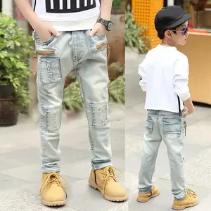 Boys' Distressed Denim Jeans with Zipper Pockets,  Light Blue Ripped Jeans for Toddlers & Kids, Comfortable Casual Pants for Daily Wear