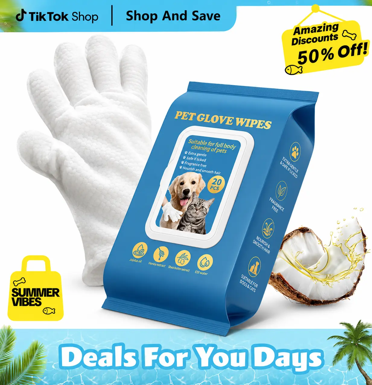 Natural Blend Pet Grooming Wipes - Skin Safe, Gentle No-Rinse Dog & Cat Wipes for Daily Grooming, Outdoor Walk Aftercare, Quick Clean & Fresh