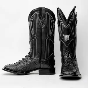 Black Snapping Turtle Leather Boots - Square Toe