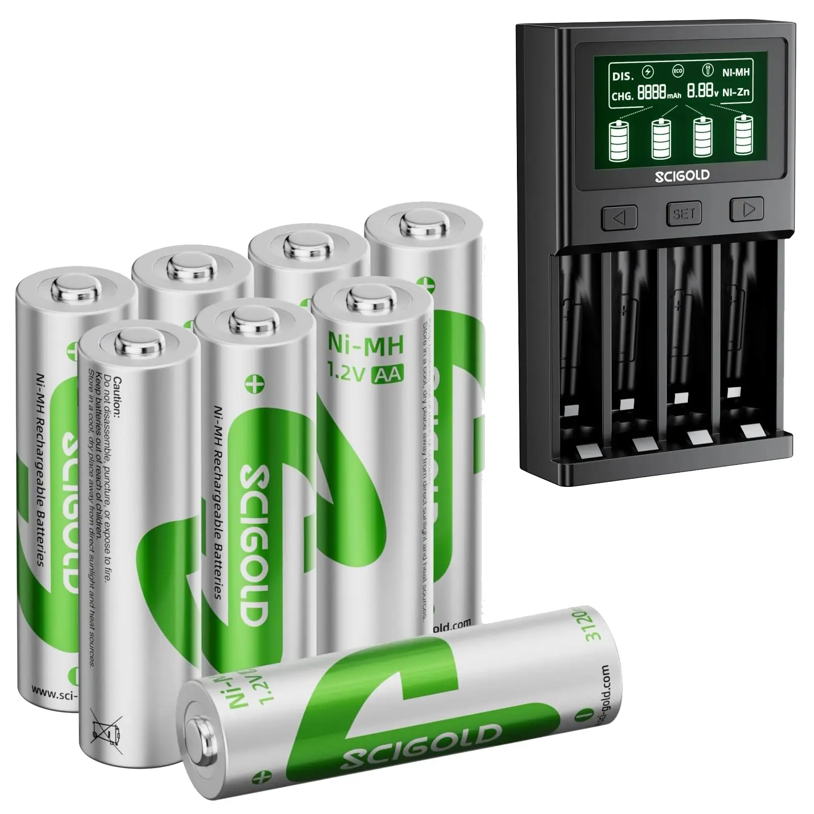 Scigold Rechargeable AA Batteries with Smart Charger Kit: 4/8 Pack 2300mAh High Capacity Ni-MH Double A Batteries with 4-Bay USB Fast Charger