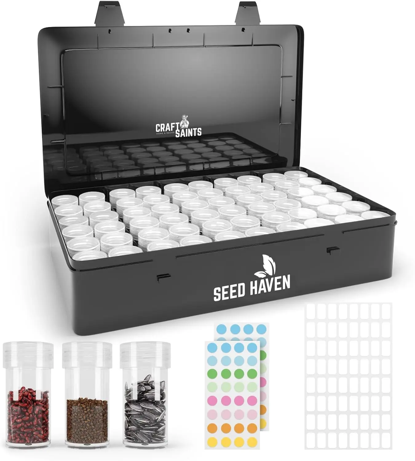 Black Opaque Lightproof Plastic Seed Organizer Storage Box - Rectangle, Lightweight, Compact Organizer Storage Boxes with 60 Transparent Bottles & Labels, Airtight Seed Vault for Homesteaders, Garden Organization, Airtight Storage Boxes