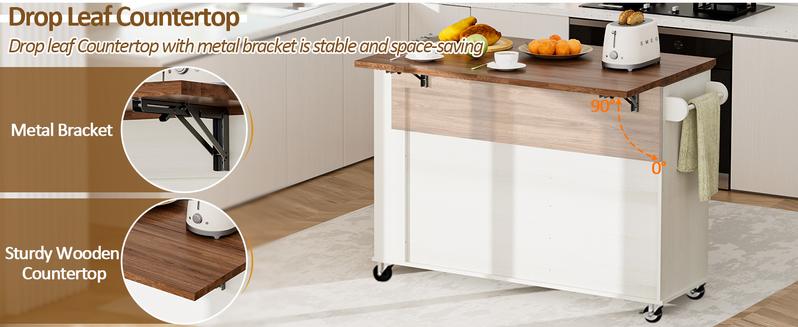 【Does Not Include Trash Can】 Spurgehom Multifunctional 47” Kitchen Island on Wheels: Features Hidden Trash Storage, Drop-Leaf Countertop, 3-Tier Spice Rack & 2 Drawers. Mobile Cart with Locking Casters for Flexible Kitchen Space