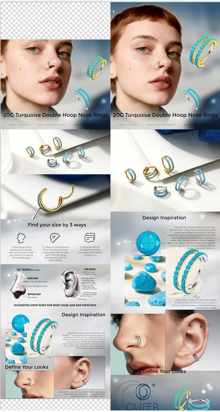Oufer 20G Aligned Turquoise Hinged Segment Clicker Double Nose Hoop Ring - Elegant Comfortable Design for Subtle Elegance & Bold Look