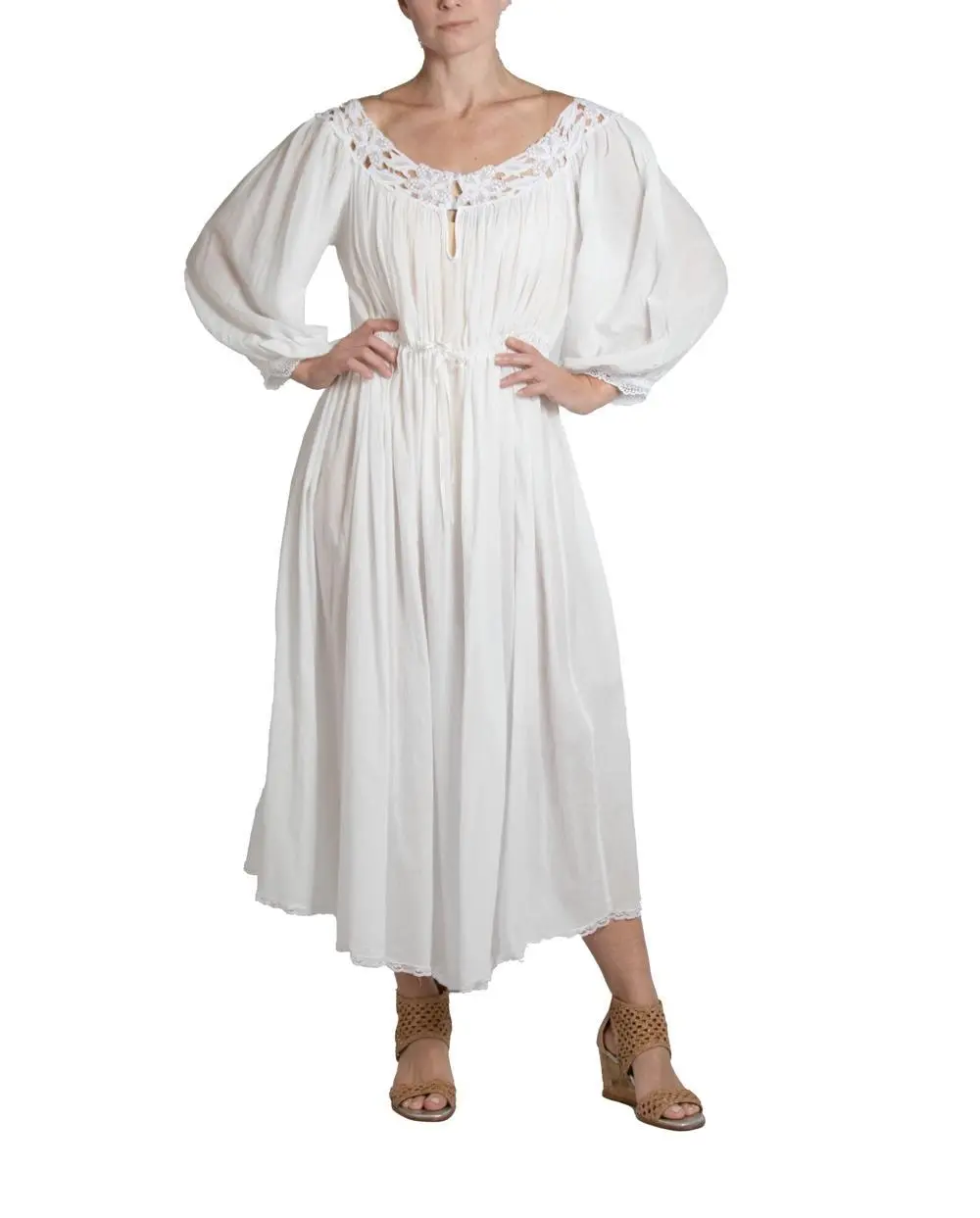 1970S White Cotton Lace Victorian Style Dress With Drawstring Waist