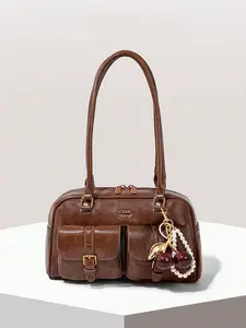 Retro texture light luxury personalized cylindrical handbag with multiple pockets, flap pocket design, stylish atmosphere, exquisite and versatile casual shoulder bag, with pearl chain and cherry pendant design, can accommodate mobile phones and lipstick