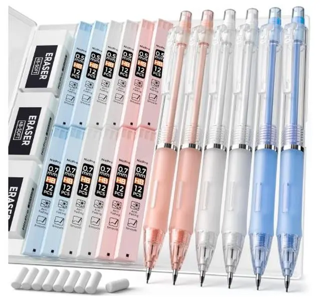 23PCS Pastel Mechanical Pencil 0.5 & 0.7 mm with Case for School, with 12 tubes HB Lead Refills, 3 Erasers, 9 Eraser Refills For Student Writing, Drawing, Sketching, Blue & Pink & White Colors