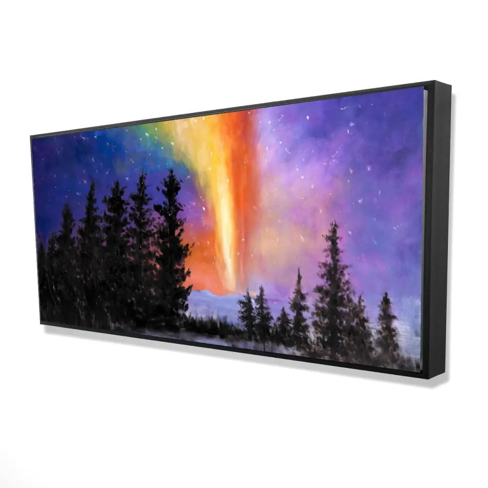 24x48 in. Artistic Black-Framed Hangable Wall Print - 360-Degree Rotatable Stand, Colorful Style Aurora Borealis Forest Scene, High-Quality Nature Art, Aesthetic Wall Arts, Home Decor for Living Rooms, Gift-Worthy Celestial Artwork