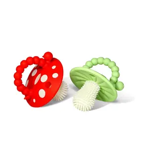 Soft Silicone Infant & Baby 3M+ Teether Toy Massaging Bristles Teething Relief Pacifier - Soothes Sore Gums - Hands-Free & Easy-to-Hold Chompy Teether, BPA Free (RED/Green)