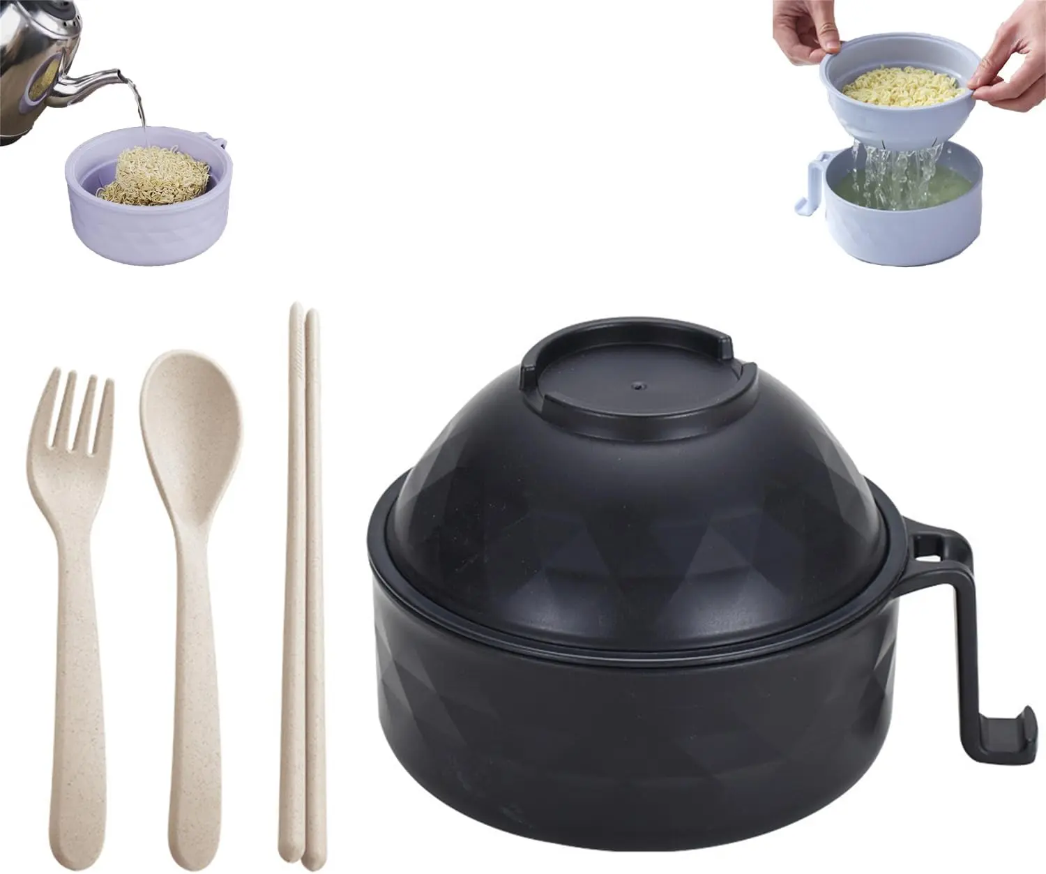 Microwave Ramen Cooker Set with Lid, Chopsticks, Spoon, Fork, Strainer - Portable Noodle Bowl Set for Dorm, Home, Office summerwins