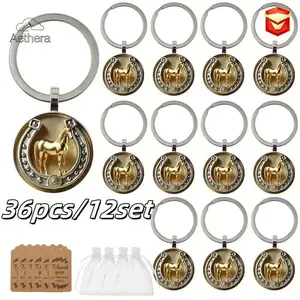 Aethera Gold Horse Pendant Keychain Lucky Horse Head Horseshoe Bag Charm Gift 36pcs/12set