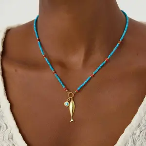 Titanium Steel Gold Plated Beaded Jewelry Set for Layering| Boho Turquoise Fish Pendant Necklace Bracelet Earrings 3 Pack