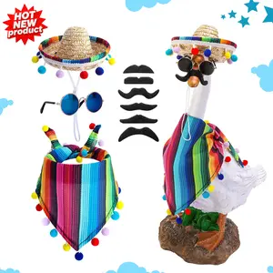 4 Pcs/Set Mexican Porch Goose Outfits, 23"/ 17" Lawn Goose Statue Clothes Costume for Cinco De Mayo, Garden Goose Clothes Mexican Sombrero with Bandana Scarf Beard Glasses for Patio Yard Decoration