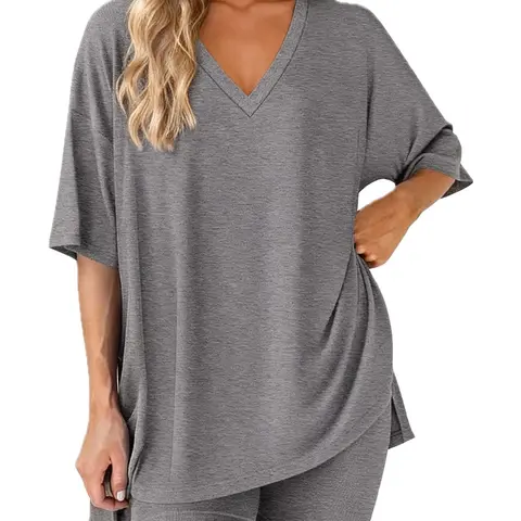 PHEFEE Women's 2-Piece Fabric Tracksuit, Oversized V-Neck Short Sleeve Stretchy Top & Bodycon Drape Biker Shorts, Everyday Casual Summer Activewear Outfit
