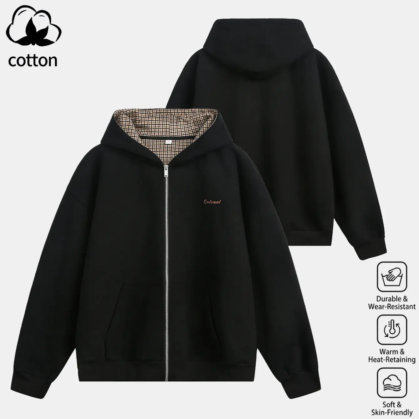 Men's Loose-Fit Oversized Full-Zip Hooded Sweatshirt - Cotton Blend Houndstooth Contrast Lined Hoodie with Minimal Chest Embroidery, Front Pocket, Long-Sleeve Plaid Menswear Top Outerwear for Daily Layering, S