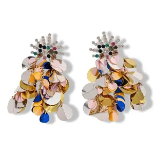 ANDKISS Cross-border flower rhinestone earrings with iridescent sequins & tassel. Vacation chic, light luxury. Perfect for beach trips, daily wear, parties, office. Mother's Day gift for her. High-end vibe.