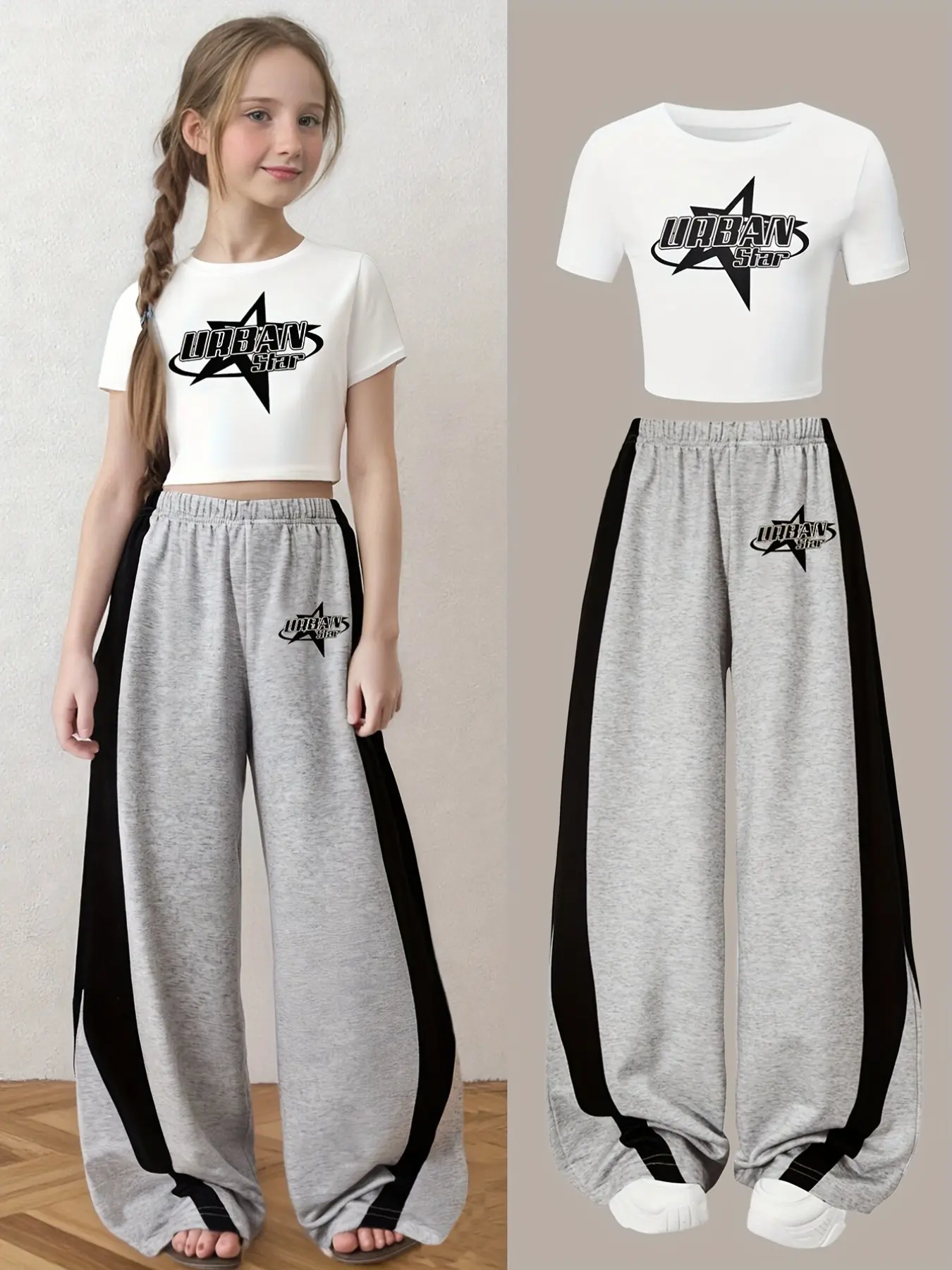 Teen Girl Clothes Set, Casual Fitted Suit with Letter Print Round Neck T-Shirt and Striped Wide Leg Pants, Suitable for Daily Wear and Outdoor Activities, Summer Casual Set