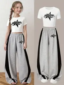 Teen Girl Clothes Set, Casual Fitted Suit with Letter Print Round Neck T-Shirt and Striped Wide Leg Pants, Suitable for Daily Wear and Outdoor Activities
