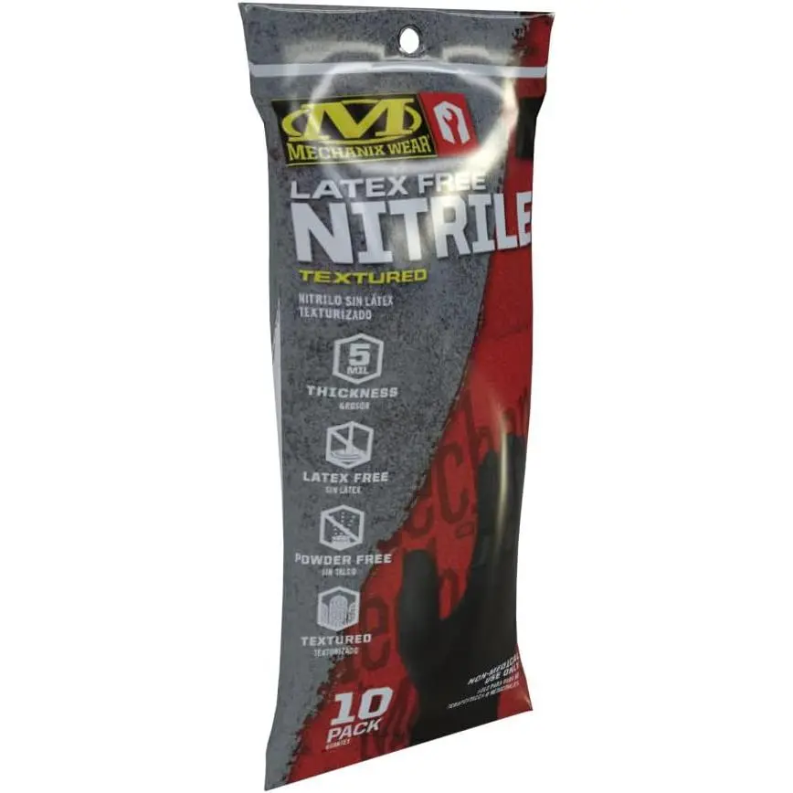 Mechanix Sports Gloves, HD Black Nitrile, 10-Pk Large, Disposable, Lightweight for Cleaning, Unisex, Chemical Work, Imported, Disposable Gloves, 5 Mil Thick, Messy Jobs, Textured Grip, Chemical Jobs, Latex Free, Chemical Shield