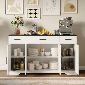 55in Buffet Cabinet with Drawers Large Sideboard Buffet Storage Cabinet Coffe Bar with Adjustable Shelves for Kitchen Dining Living Room White