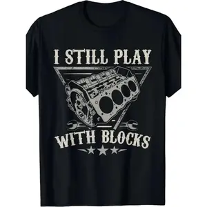 Men'S Black T-Shirt with Eye-Catching I'Still Playing with Blocks Print - Parka Style Street Casual Short Sleeve Shirt for Spring And Autumn Outdoor And Home Wear, Available in Community Stores, Quick Delivery, Smooth And Comfortable, Plus Size