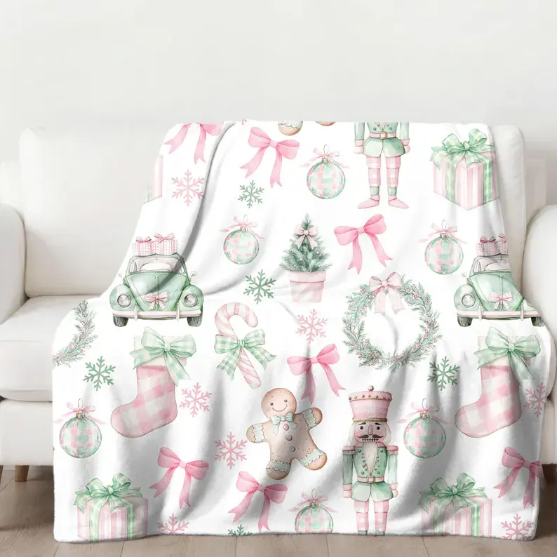 Beautiful Chinoiserie Blanket, Trendy toile home decor, coquette pink bow blanket, nutcracker ballet gift, pretty preppy christmas blanket