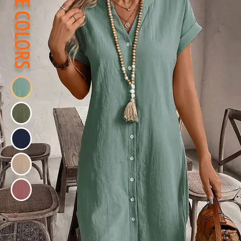 Women's Plain Notched Neck Button Front Dress, Casual Short Sleeve Dress for Summer, Ladies Clothes for Daily Wear, Casual Everyday Wear
