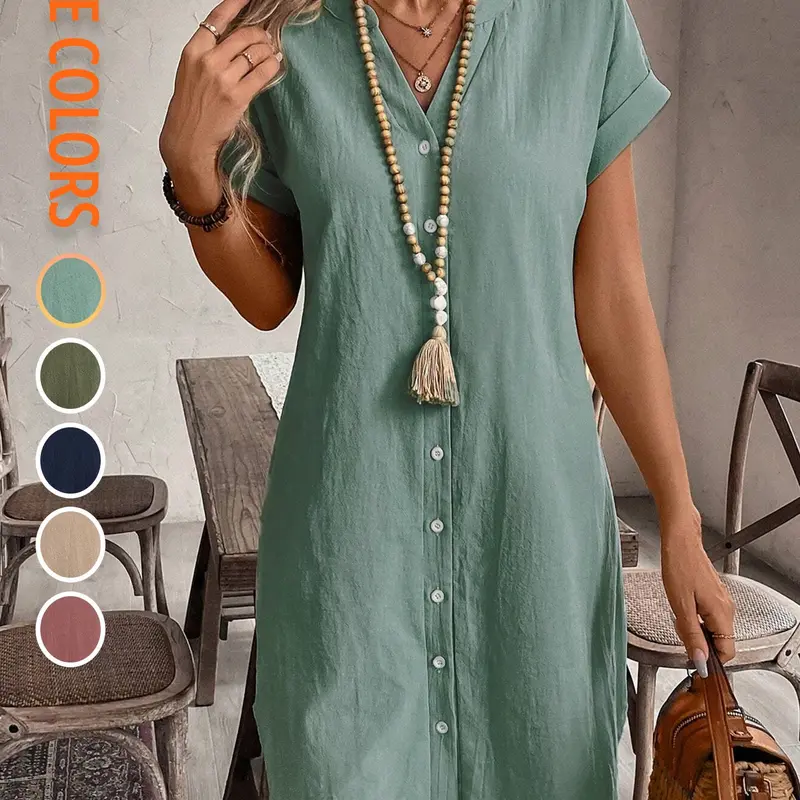 Women's Plain Notched Neck Button Front Dress, Casual Short Sleeve Dress for Summer, Ladies Clothes for Daily Wear, Casual Everyday Wear