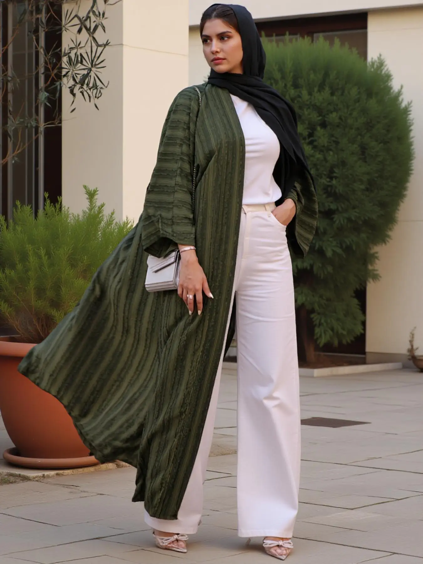 Women's Solid Color Open Front Abaya with Belt, Elegant Long Sleeve Belted Abaya for Spring & Fall, Ladies Islamic Clothing for Daily Wear