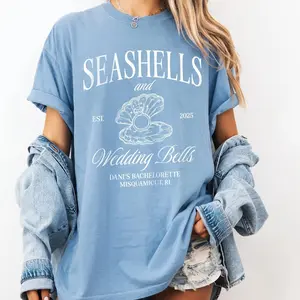 Seashells and Wedding Bells Shirt, Custom Beach Bachelorette Party Tee, Matching Bridal Party Shirts for Coastal Bridesmaids, Nautical Seashell Themed Cover Up for Bride Tribe, Summer Beach Wedding Outfit for Women, Cute Engagement Celebration Shirt