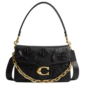 COACH Tabby 26 Floral Detachable Chain Shoulder Bag in Black Pebbled Leather for Women