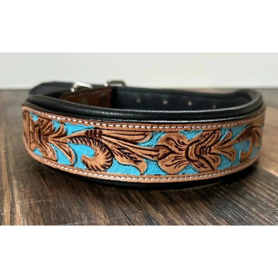 Handcrafted Padded Leather Tooled Dog Collar with Blue Accents