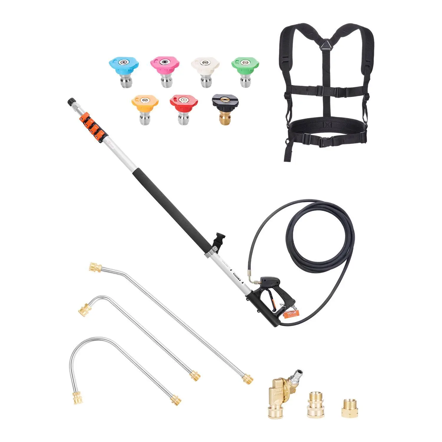 VEVOR Pressure Washer Telescoping Wand,  , 21 ft, 4000 psi, Telescopic Spray Wand with Power Washer Extension Wands, Gutter Cleaner, Pivoting Coupler, 7 Spray Nozzle Tips and Adjustable Support Harness#BacktoSchool