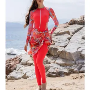 Women's Floral Print Long Sleeve Zip Up One-piece Swimsuit & Knot Front Cover Up Skirt Set, Trendy Casual Swimwear Set for Beach Holiday Vacation